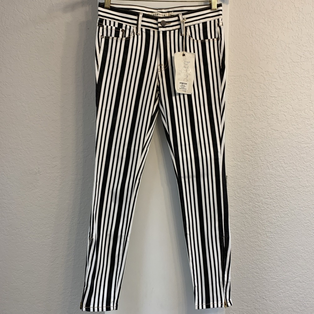 Pistola 26 Black White Beetlejuice Striped Denim Jeans Skinny Crop Zip Ankle NWT